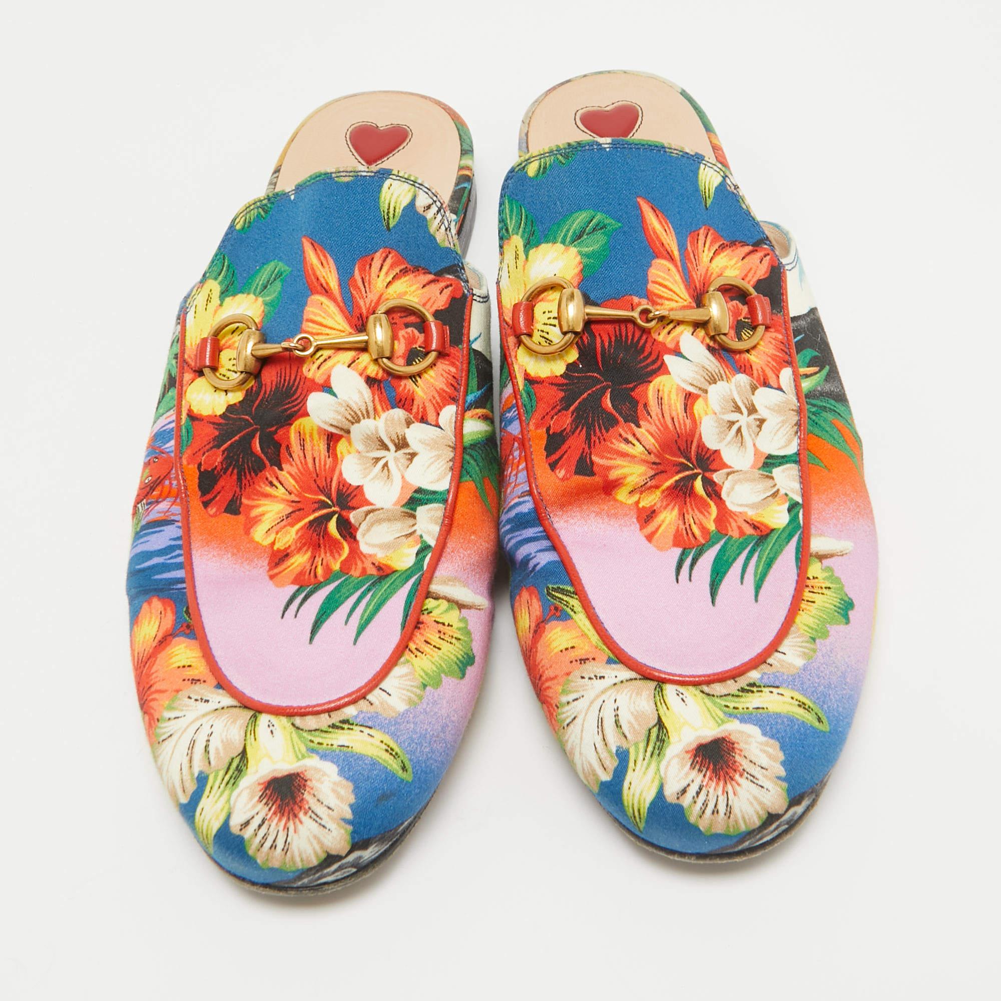 Beige Gucci Multicolor Floral Fabric Princetown Flat Mules Size 39.5