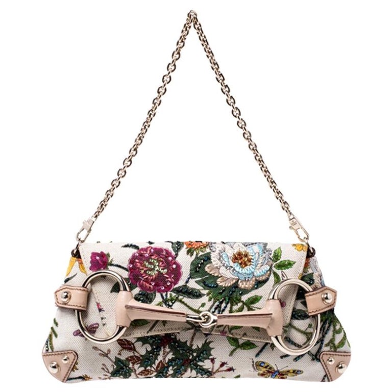 Gucci Multicolor Floral Print Canvas and Beaded Horsebit Chain Clutch ...
