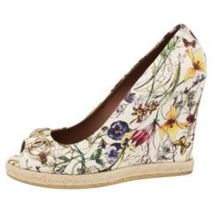 Gucci Multicolor Floral Print Canvas Horsebit Peep Toe Wedge Pumps Size 40