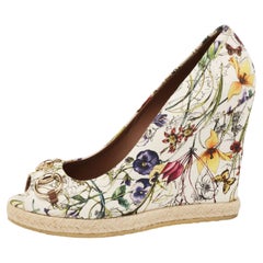 Gucci Multicolor Floral Print Canvas Horsebit Peep Toe Wedge Pumps Size 40