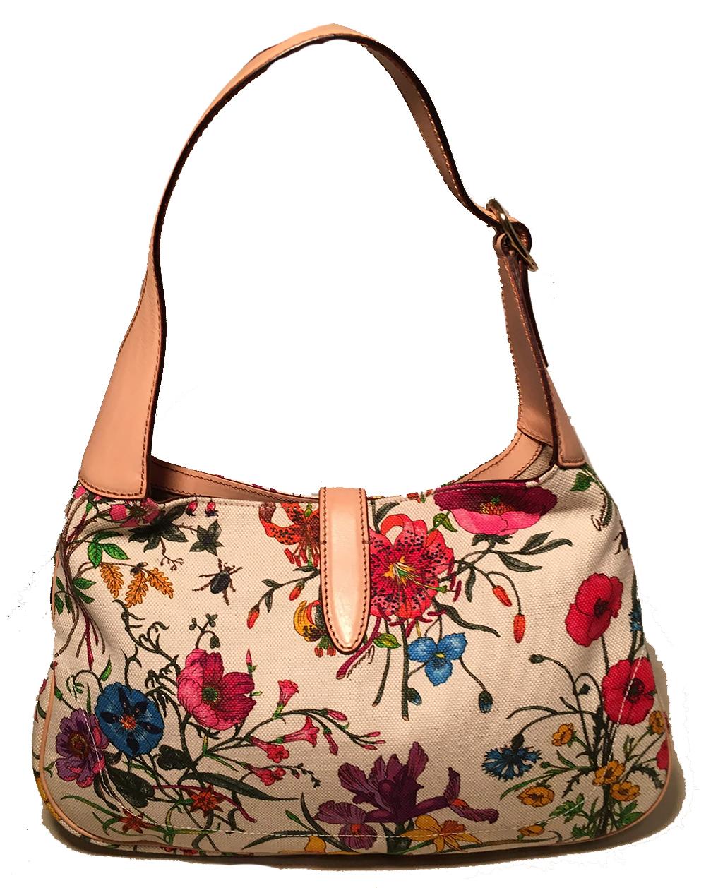 Beige Gucci Multicolor Floral Print Canvas Jackie Shoulder Bag