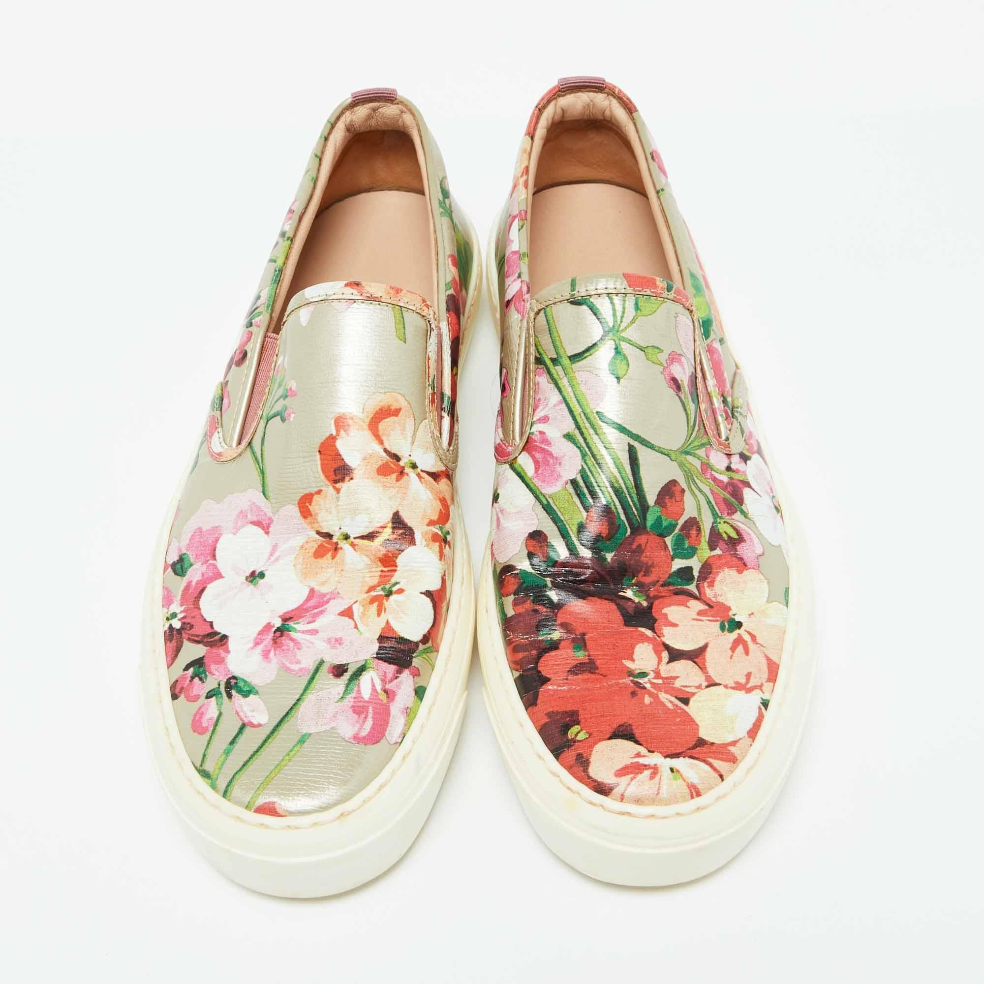 Beige Gucci Multicolor Floral Print Coated Canvas Slip On Sneakers Size 39.5