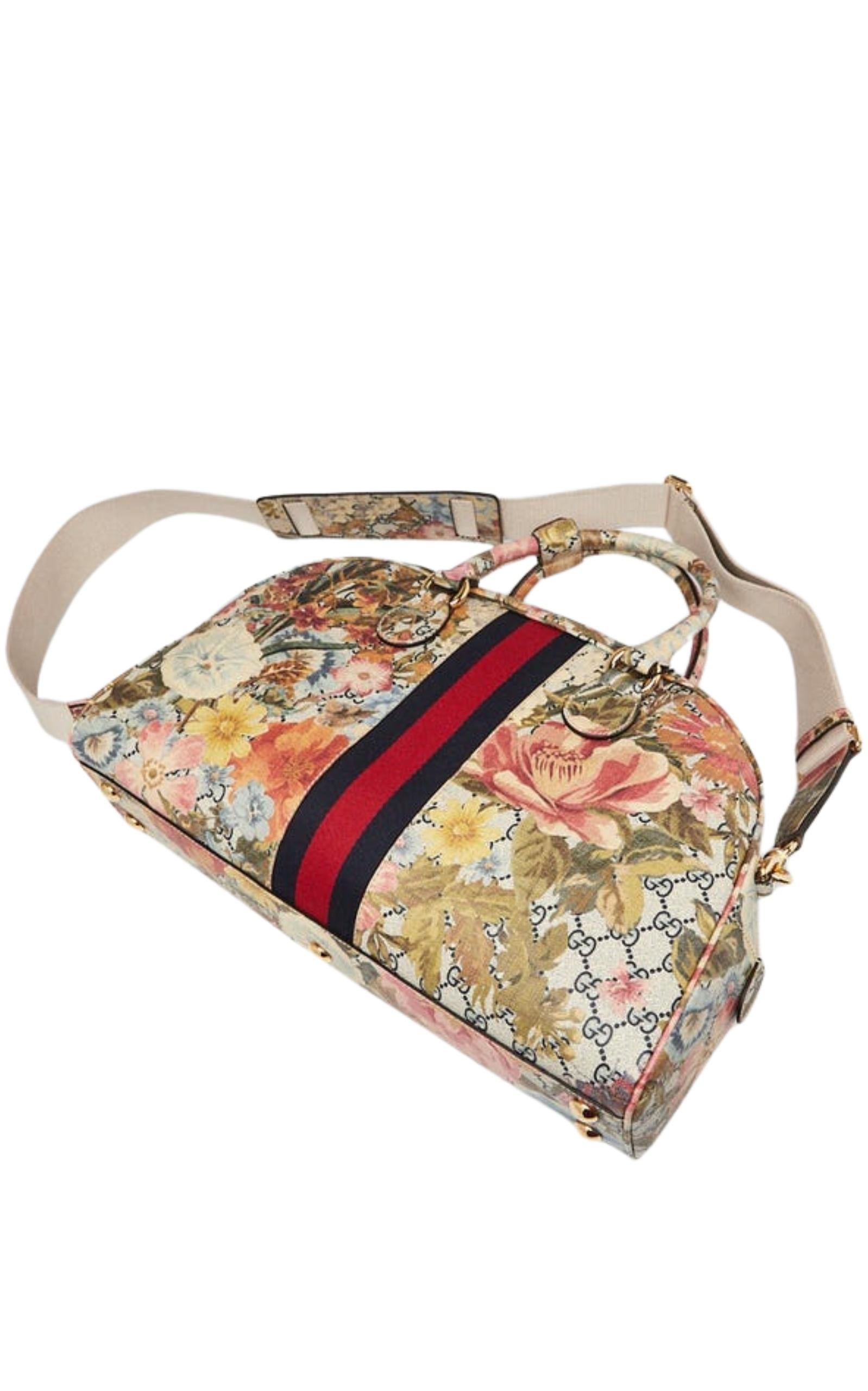 Multicolor Floral Print GG Coated Canvas Ophidia Bag
Interior Lining: Fine textile lining
Two-way zip closure
Two booklets
Lock
Clochette with two keys
Luggage tag
Handle fastener
Detachable shoulder strap
Hardware: Goldtone
Interior Pockets: One