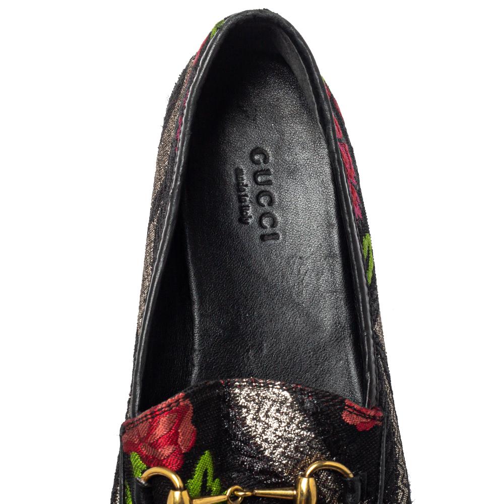 Black Gucci Multicolor Floral Print Jacquard Jordaan Horsebit Loafers Size 38