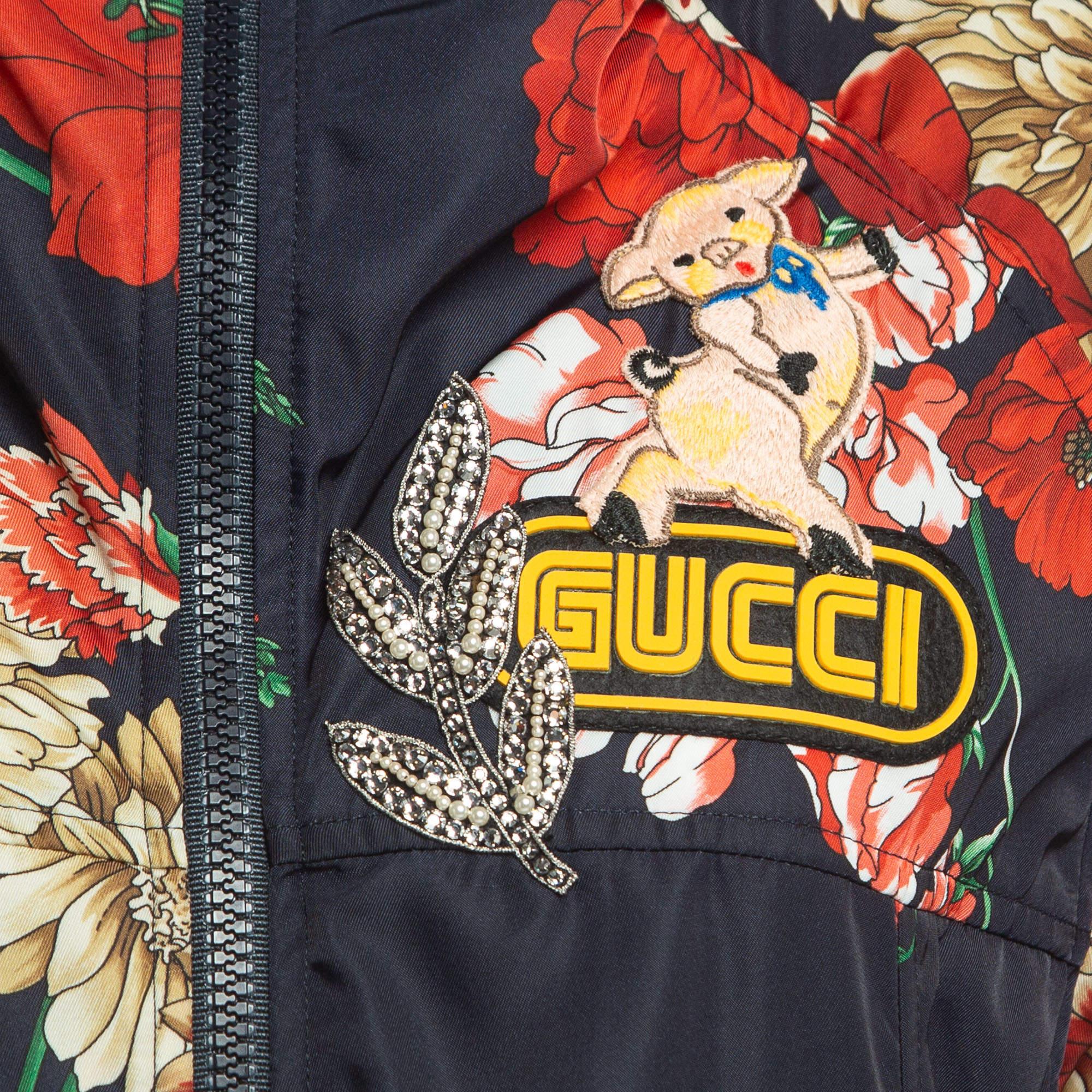 Black Gucci Multicolor Floral Print Nylon Applique Detail Hooded Jacket S