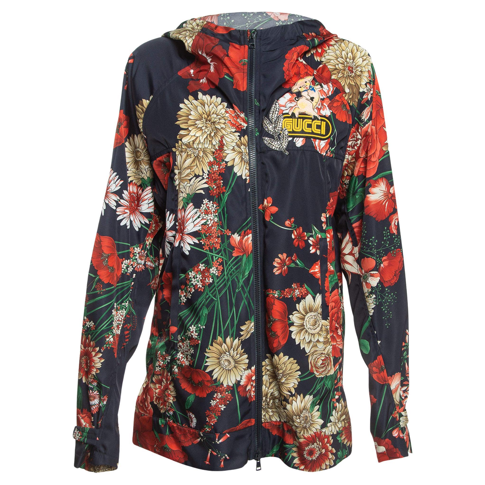 Gucci Multicolor Floral Print Nylon Applique Detail Hooded Jacket S For Sale