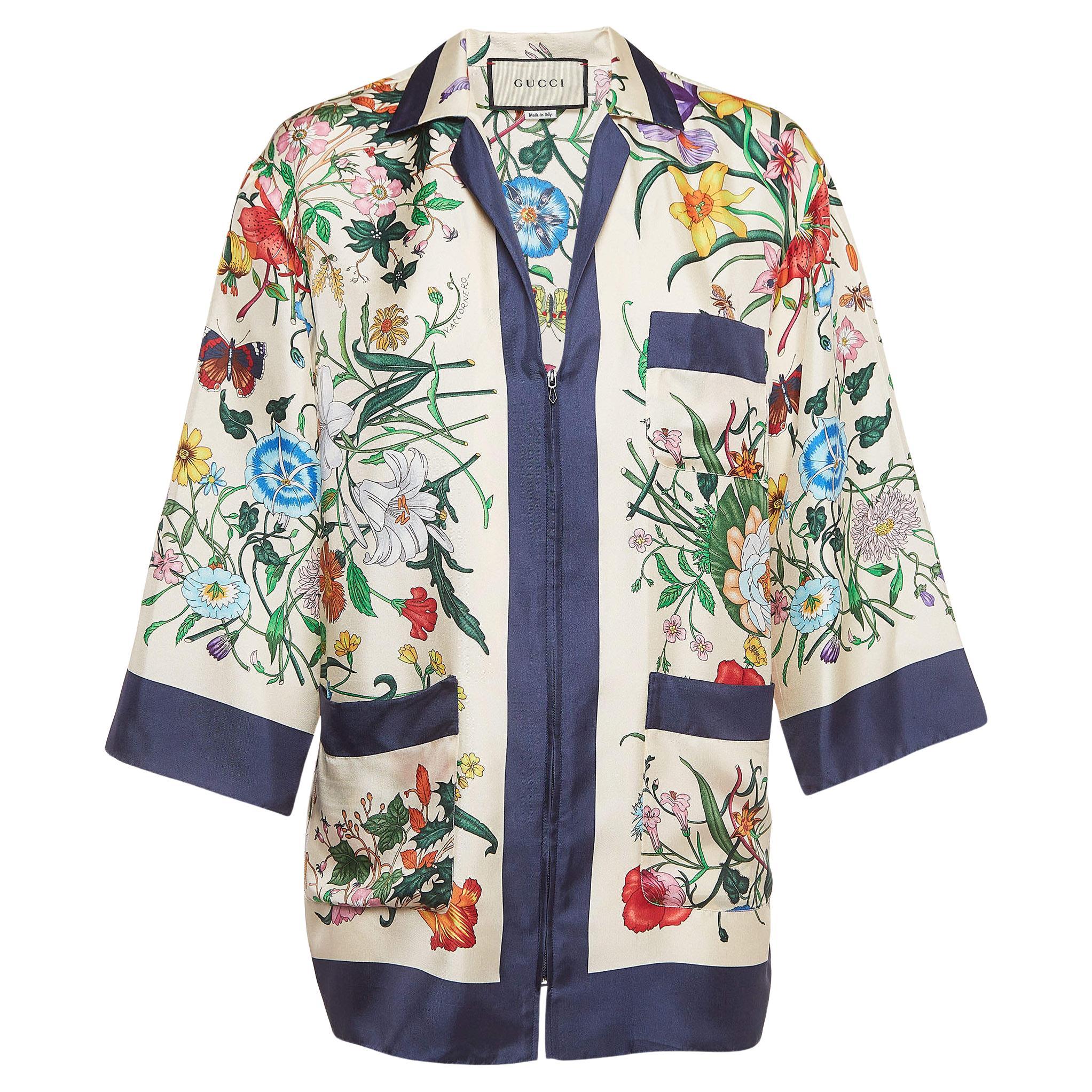 Gucci Multicolor Floral Print Silk Foulard Shirt S For Sale