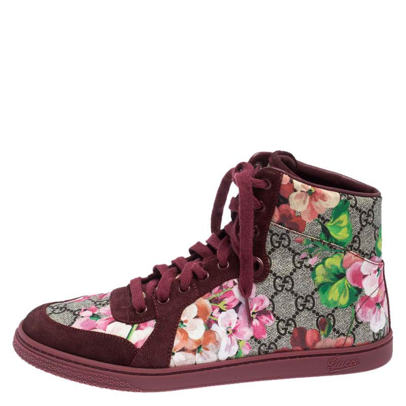 Gucci Multicolor GG Floral Canvas And Suede Leather High Top Sneakers Size 39.5 In Good Condition In Dubai, Al Qouz 2