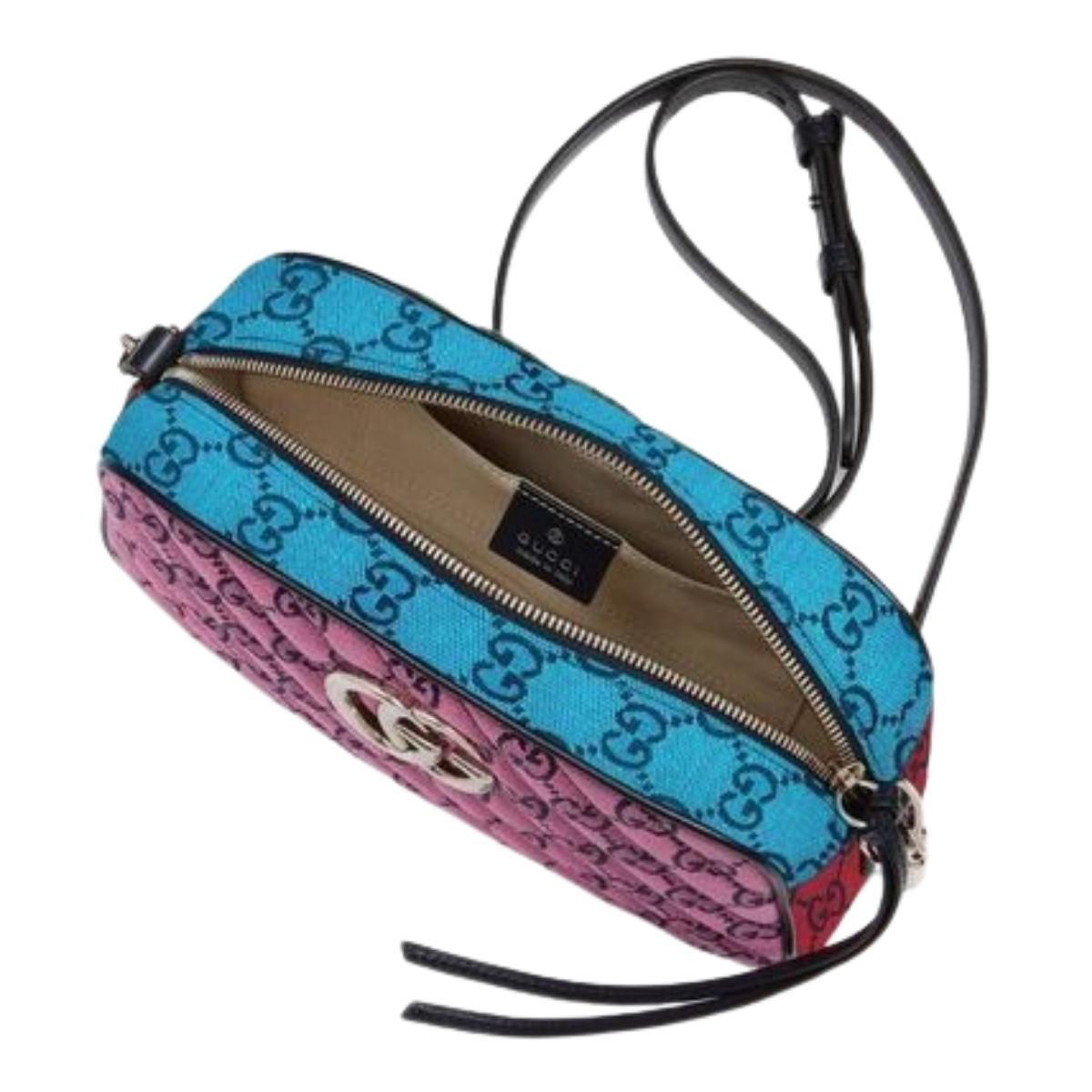 Follow us on insta @runwaycatalog
This GG Marmont small shoulder bag has an adjustable strap and is part of the GG Multicolor collection. 
Pink, green, red and blue diagonal matelassé GG canvas. 
Blue leather trim. 
Silver-toned hardware. 
Double G.