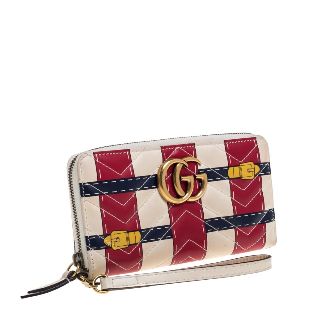 Beige Gucci Multicolor GG Marmont Leather Trompe L'Oeil Zip Around Wristlet Wallet