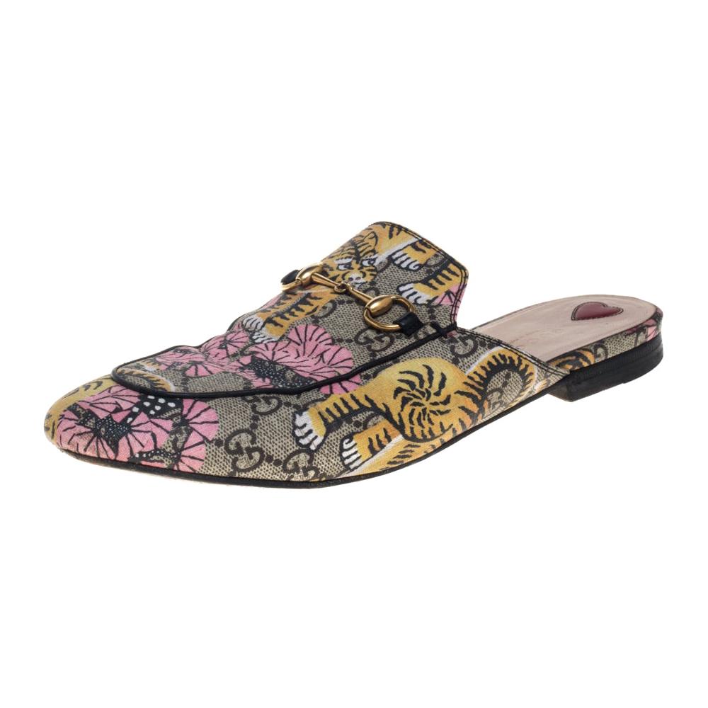 Gucci Multicolor GG Supreme Bengal Princetown Mule Sandals Size 40
