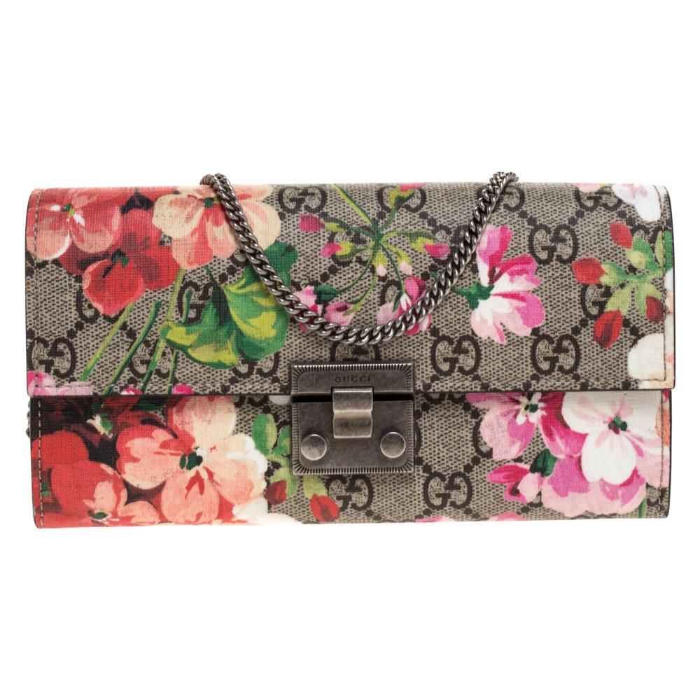 Gucci Multicolor GG Supreme Blooms Canvas Padlock Wallet on Chain