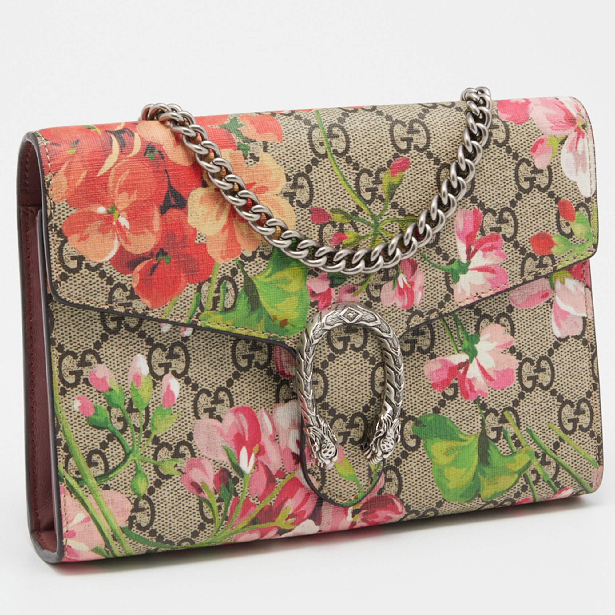 Women's Gucci Multicolor GG Supreme Canvas and Leather Blooms Dionysus Wallet On Chain