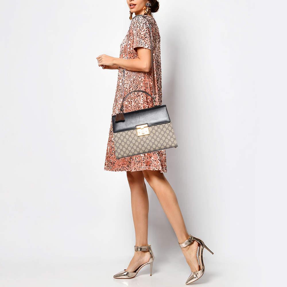 Gray Gucci Multicolor GG Supreme Canvas and Leather Medium Padlock Top Handle Bag