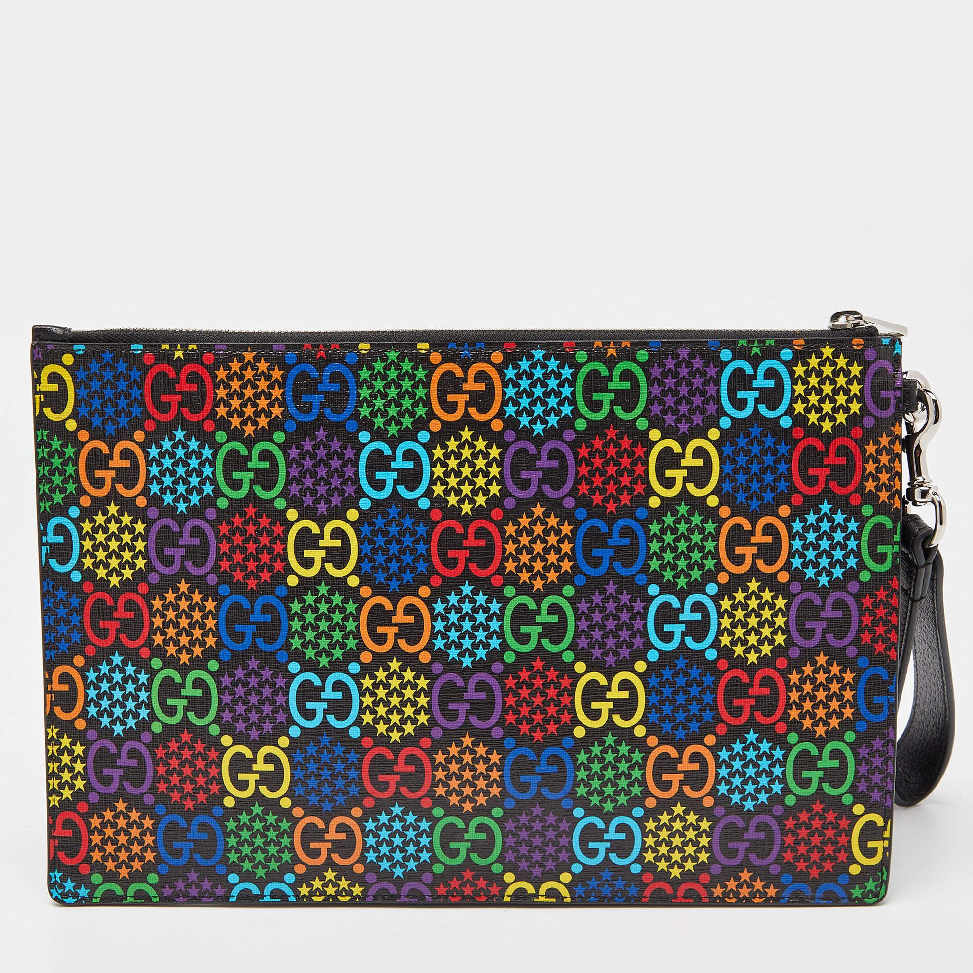 The Gucci Psychedelic wristlet clutch is a vibrant and compact accessory. It features the iconic GG Supreme canvas with a psychedelic twist, complemented by leather detailing. The wristlet allows for easy carrying, making it a stylish and practical