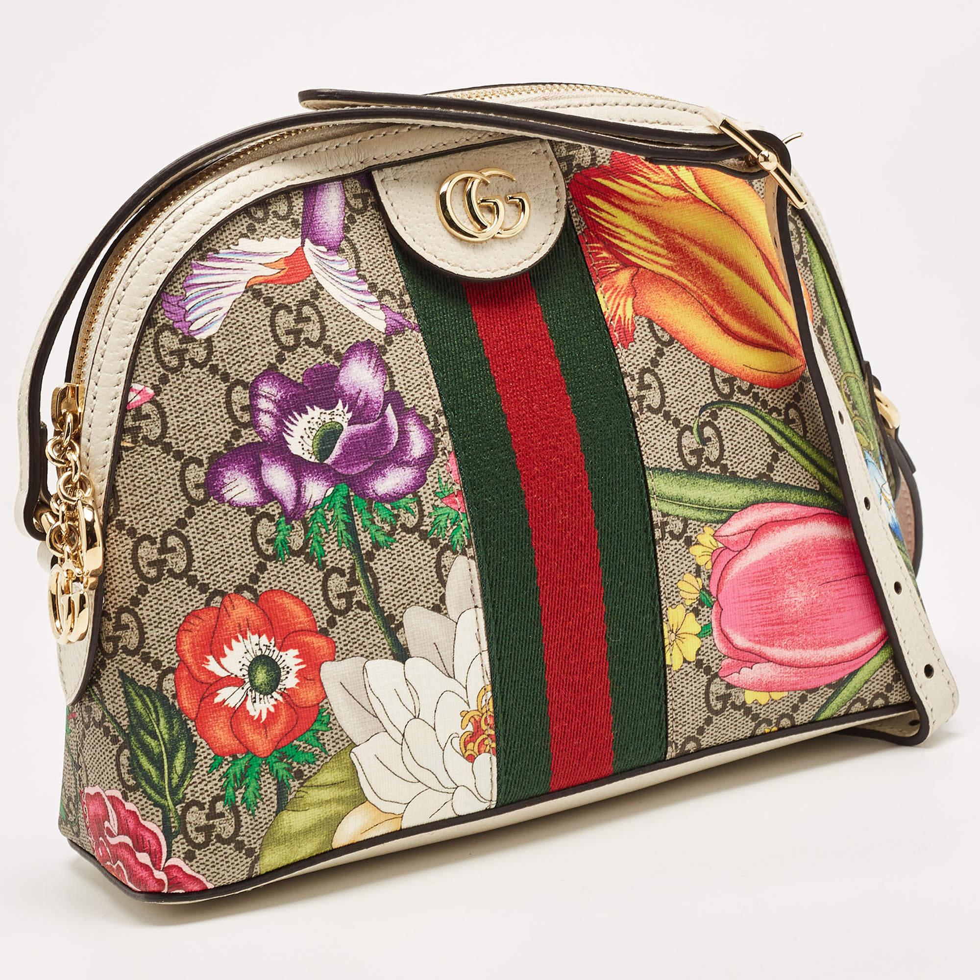 Gucci Multicolor GG Supreme Canvas and Leather Small Floral Ophidia Shoulder Bag In Good Condition In Dubai, Al Qouz 2