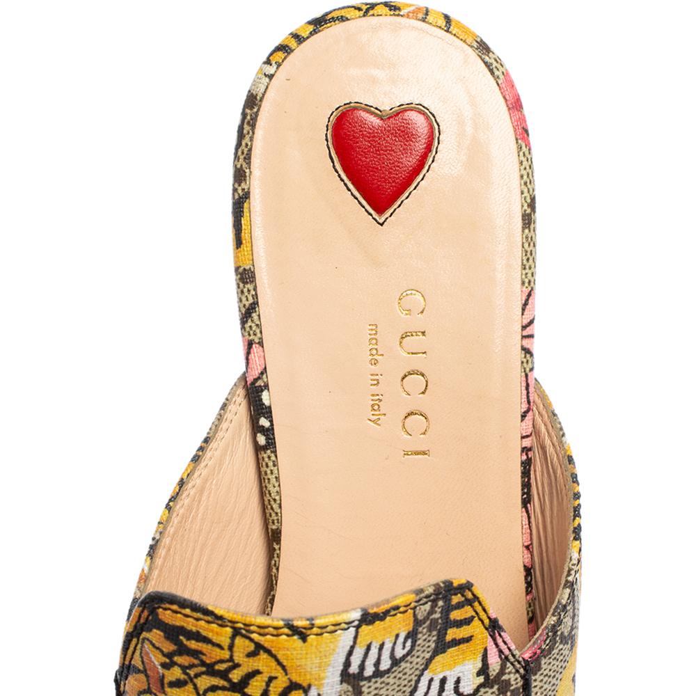 Beige Gucci Multicolor GG Supreme Canvas Princetown Bengal Tiger Mules Flats Size 35.5