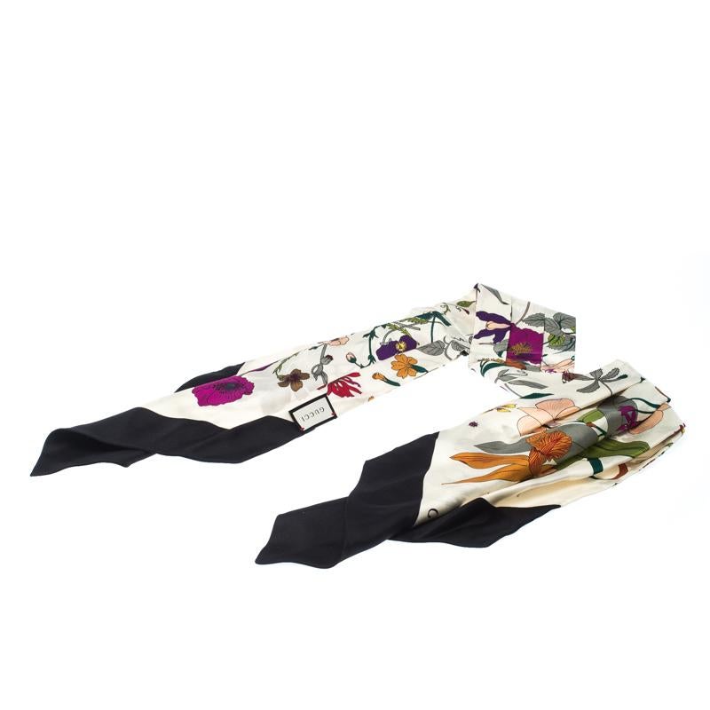 To be tied around your neck, head, or handbags, this scarf is a versatile accessory to own. Gucci's scarfs bring unique designs on fabrics that are smooth and luxurious to touch. This one here is blooming beautifully with colours and floral