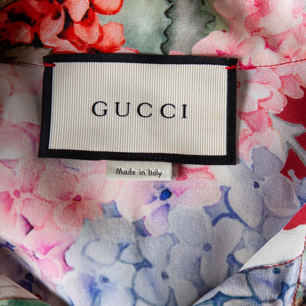Beige Gucci Multicolor Hydrangea Printed Silk Neck Tie Detail Shirt Dress S
