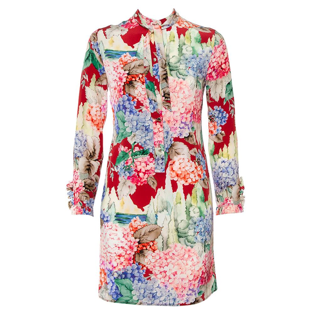 Gucci Multicolor Hydrangea Printed Silk Neck Tie Detail Shirt Dress S