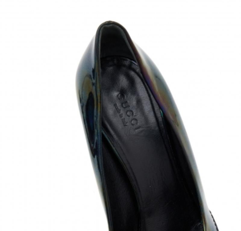 Women's Gucci Multicolor Iridescent Patent Leather Horsebit Peep Toe Pumps Size 37.5 For Sale
