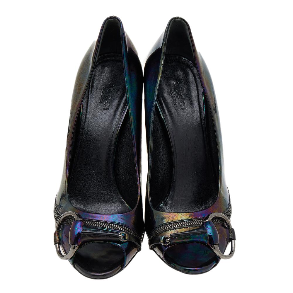 Women's Gucci Multicolor Iridescent Patent Leather Horsebit Peep Toe Pumps Size 37.5 For Sale