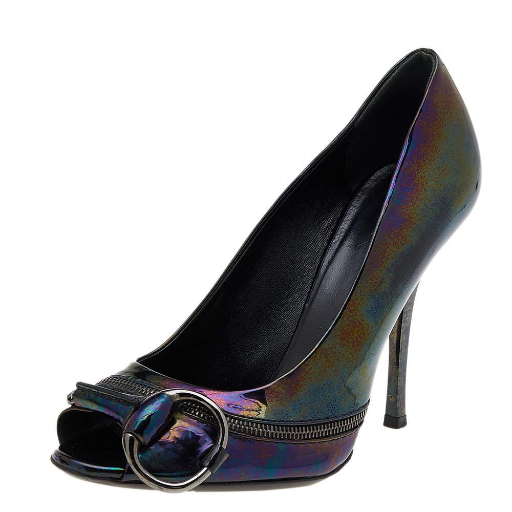 Gucci Multicolor Iridescent Patent Leather Horsebit Peep Toe Pumps Size 37.5 For Sale 1