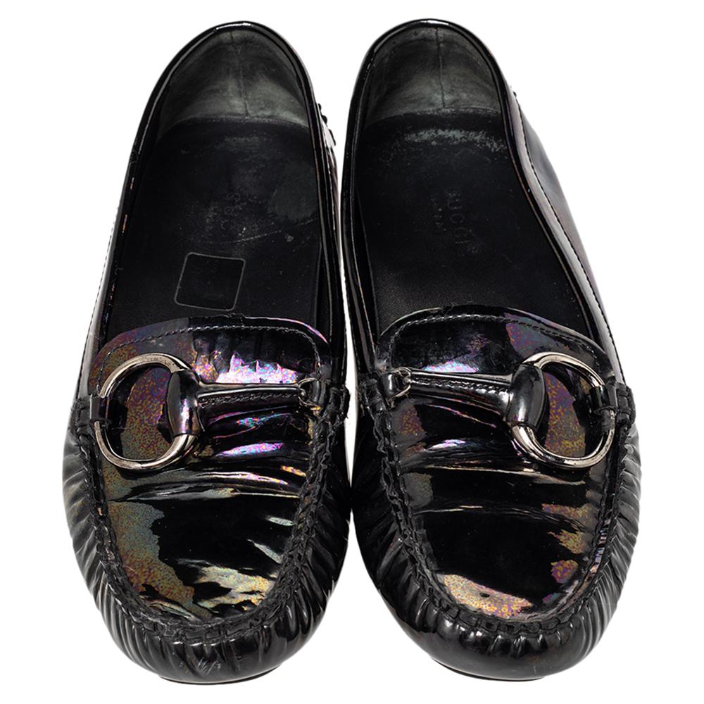 Black Gucci Multicolor Iridescent Patent Leather Horsebit Slip On Loafers Size 38 For Sale