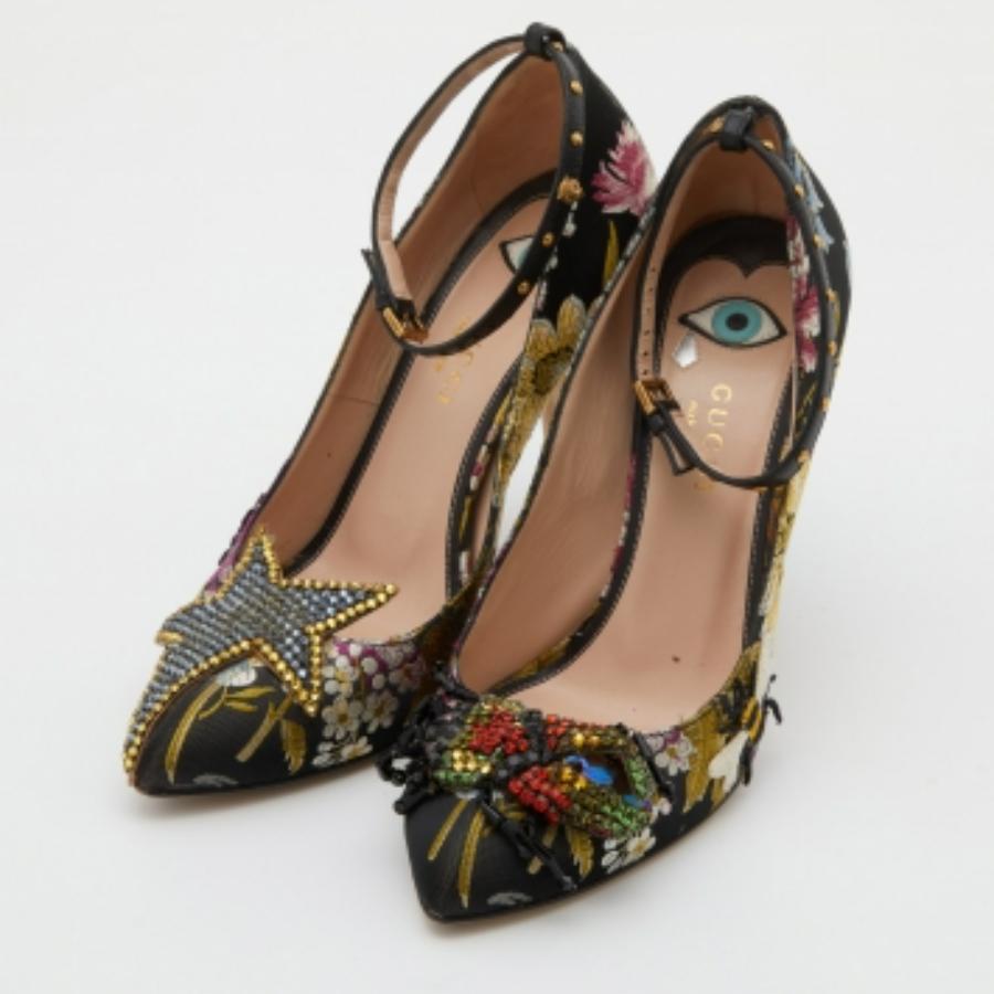 Gucci Multicolor Jacquard Floral Dionysus Ankle Strap Pumps Größe 36.5 (Schwarz) im Angebot