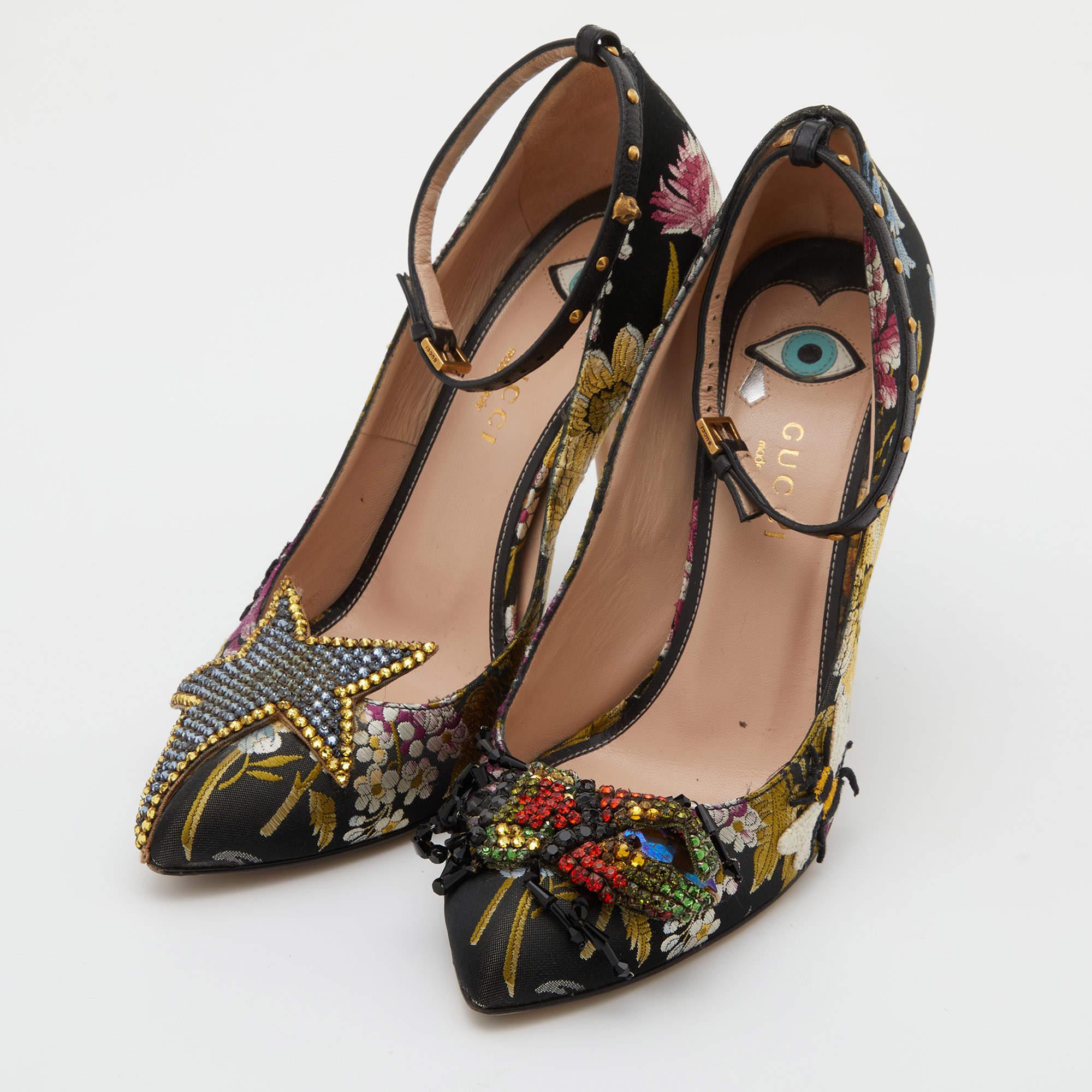 Women's Gucci Multicolor Jacquard Floral Dionysus Ankle Strap Pumps Size 36.5