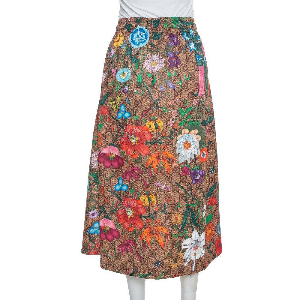 Gucci Multicolor Knit Logo Monogramm Flora Print ausgestellter Rock L (Braun)
