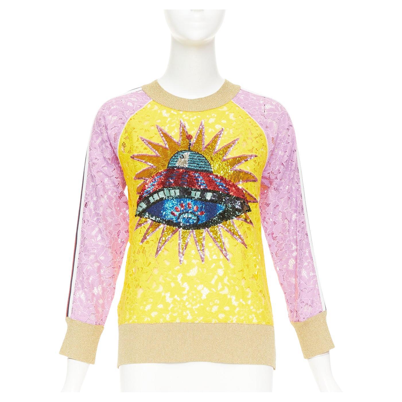 GUCCI multicolor lace UFO sunburst sequin applique pullover sweater top XS