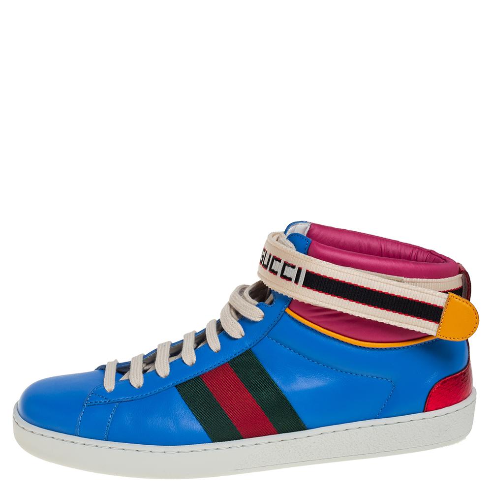 Ace the sneaker style with these amazing sneakers from Gucci. Crafted from multicolored leather into a high-top style, these sneakers feature round toes, lace-ups on the vamps, 'Gucci' detailed velcro straps on the tongues, and comfortable insoles.