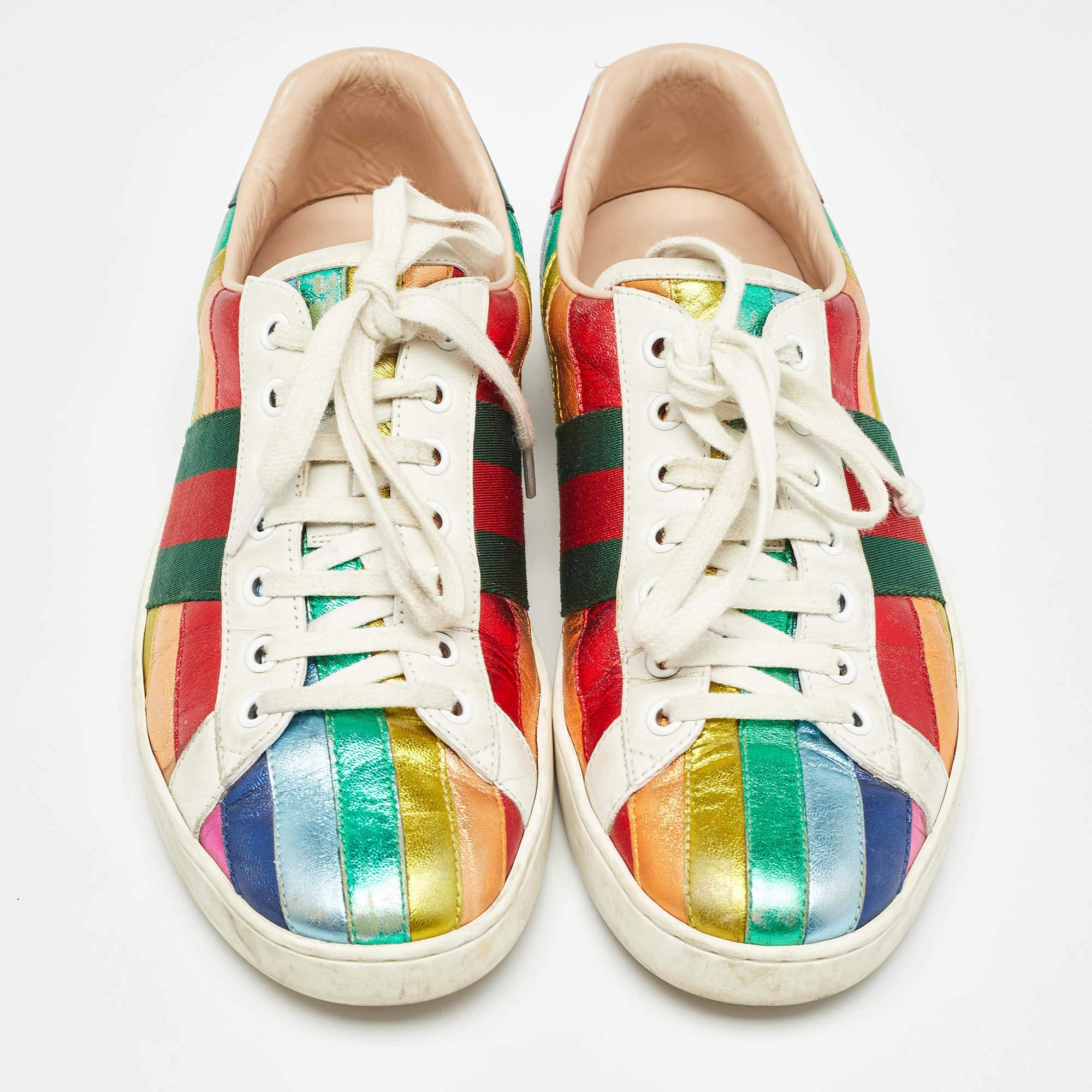 Beige Baskets basses Gucci Ace Web en cuir multicolore, taille 41 en vente
