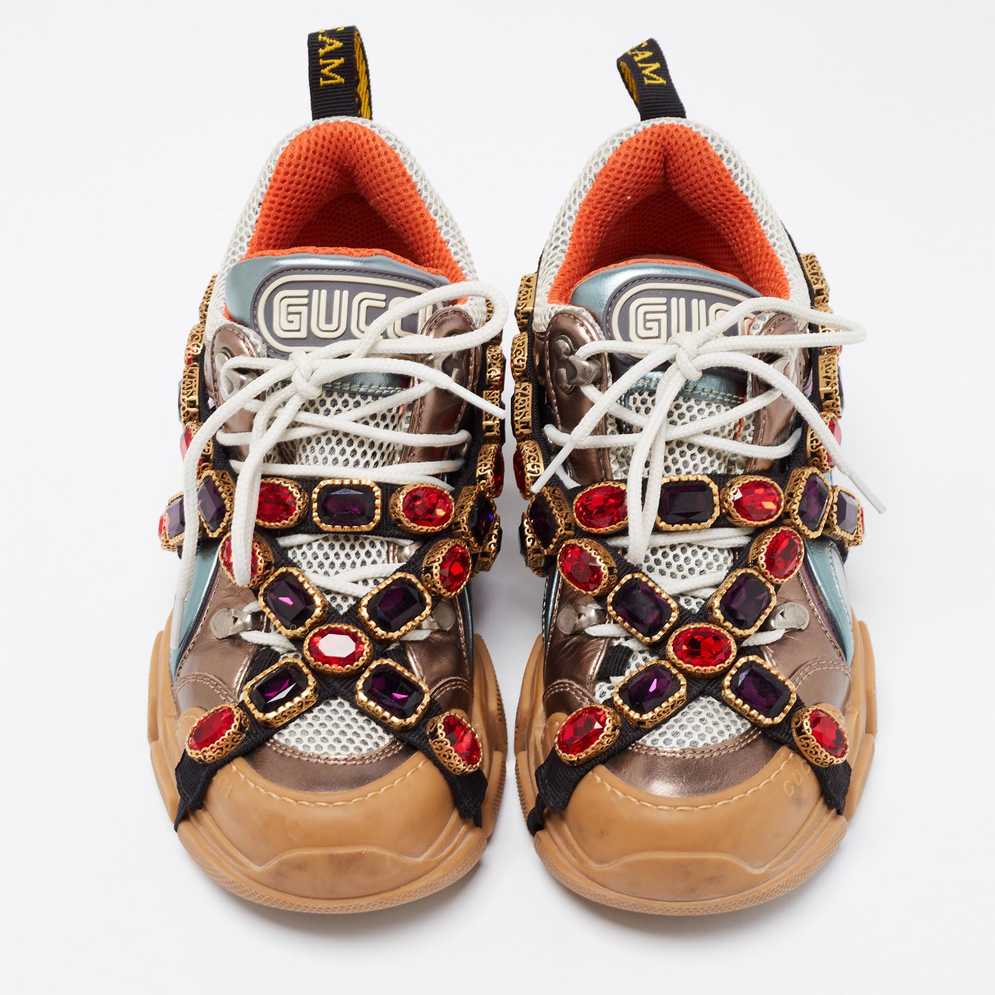 Inspired by hiking, Gucci’s Flashtrek sneakers are a stylish take on the chunky sneaker trend. Mounted atop a thick sole, these kicks are constructed from quality materials and accented with the label’s SEGA-inspired logo on the tongues. These