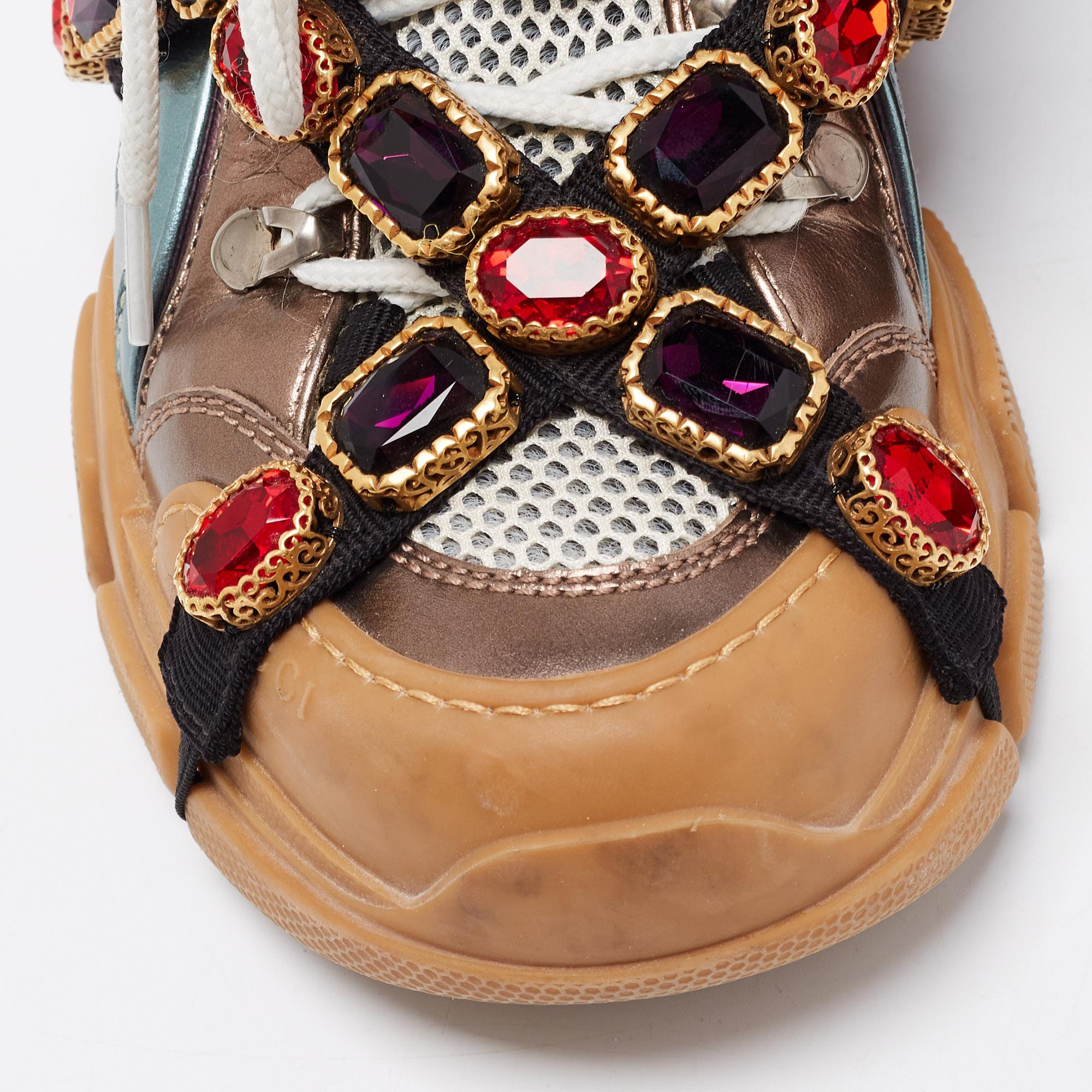 Brown Gucci Multicolor Leather And Mesh Flashtrek Embellished Lace Up Sneakers Size 37