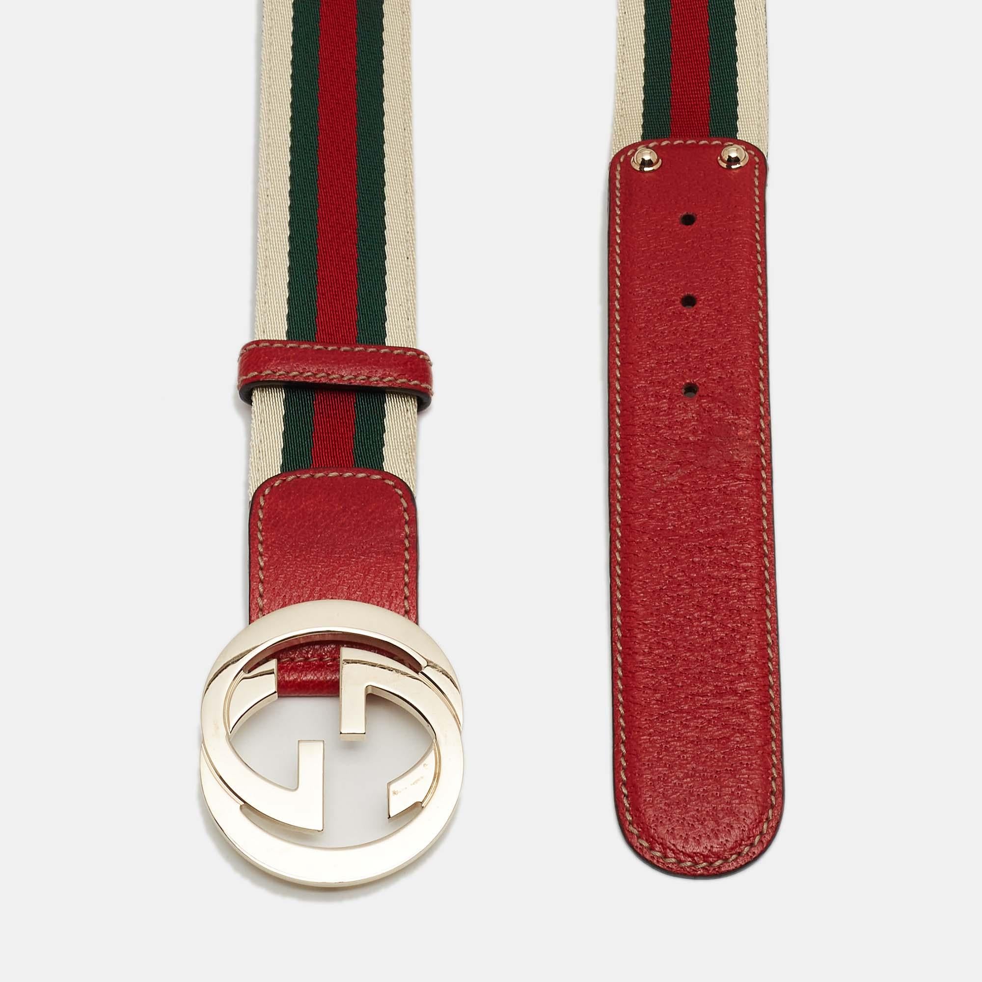 Gucci Multicolor Leather and Web Canvas Interlocking G Buckle Belt 85 CM In Good Condition In Dubai, Al Qouz 2