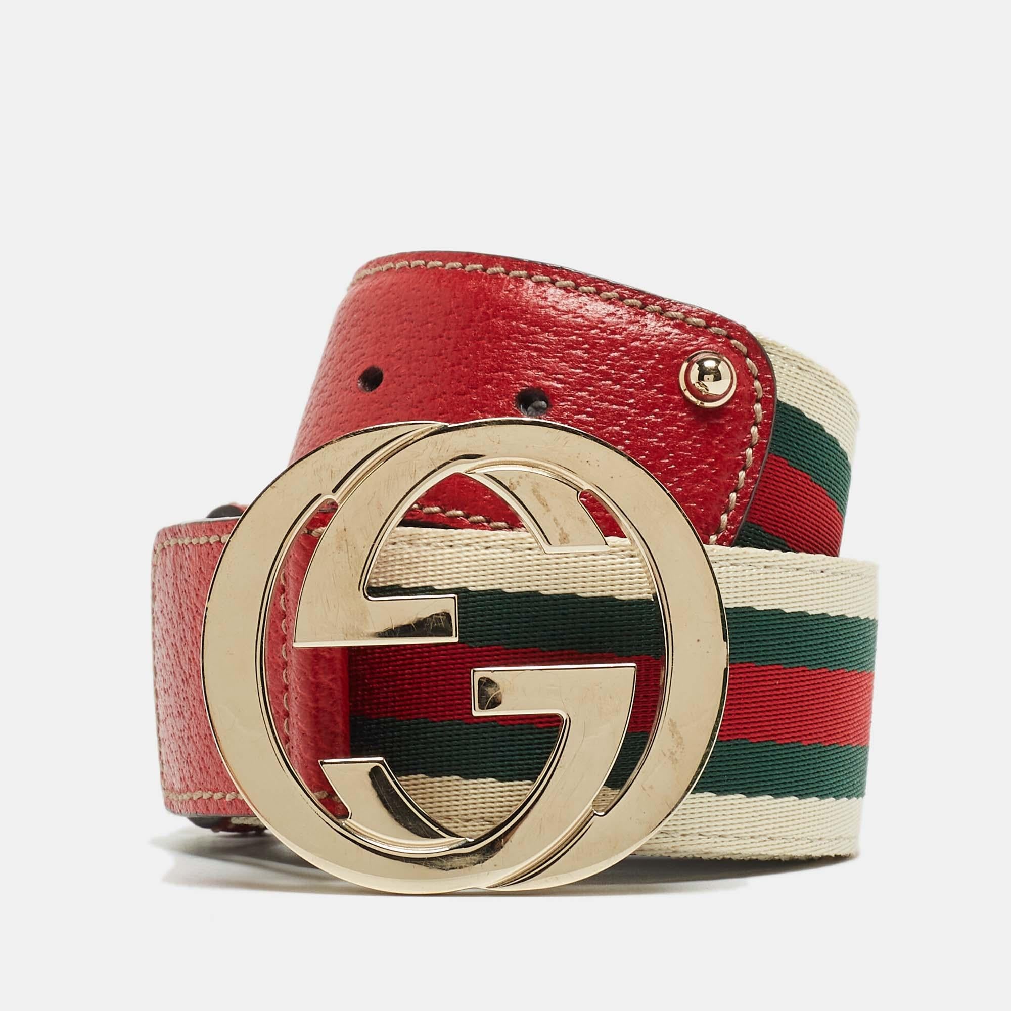 Women's Gucci Multicolor Leather and Web Canvas Interlocking G Buckle Belt 85 CM