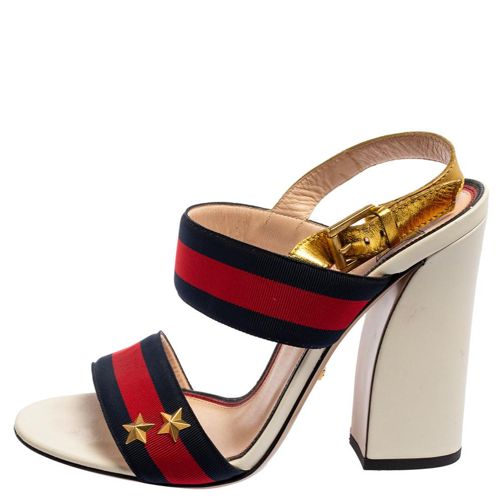 Beige Gucci Multicolor Leather And Web Trim Block Heel Sandals Size 38
