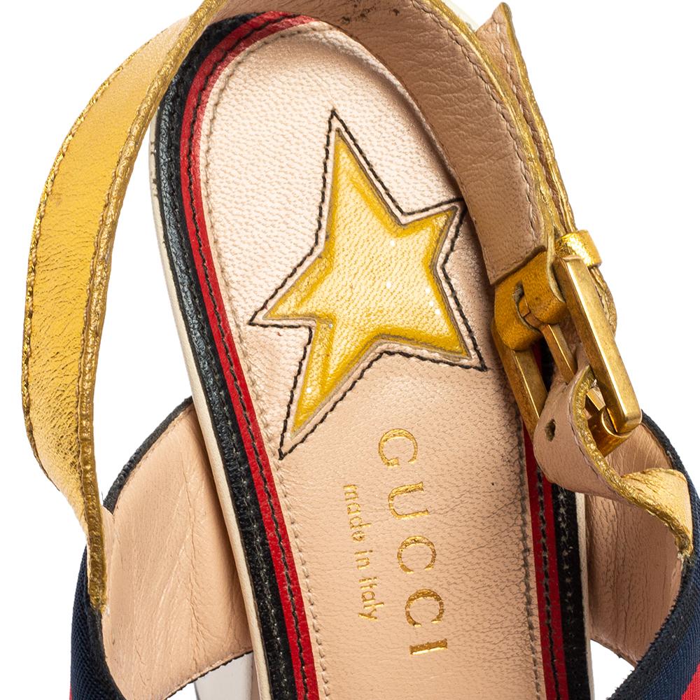 Gucci Multicolor Leather And Web Trim Block Heel Sandals Size 38 In Good Condition In Dubai, Al Qouz 2