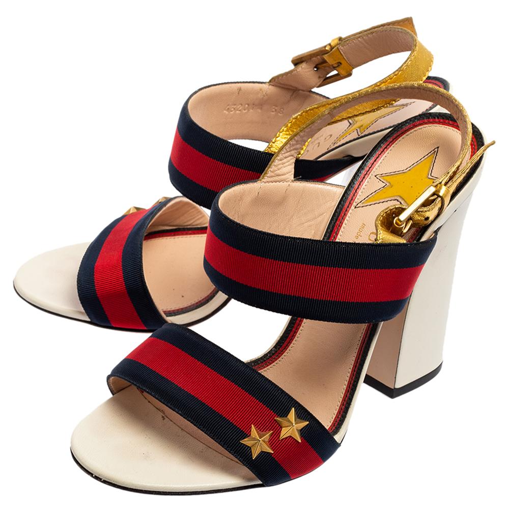Women's Gucci Multicolor Leather And Web Trim Block Heel Sandals Size 38