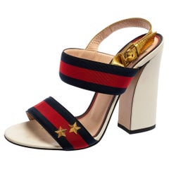 Gucci Multicolor Leather And Web Trim Block Heel Sandals Size 38