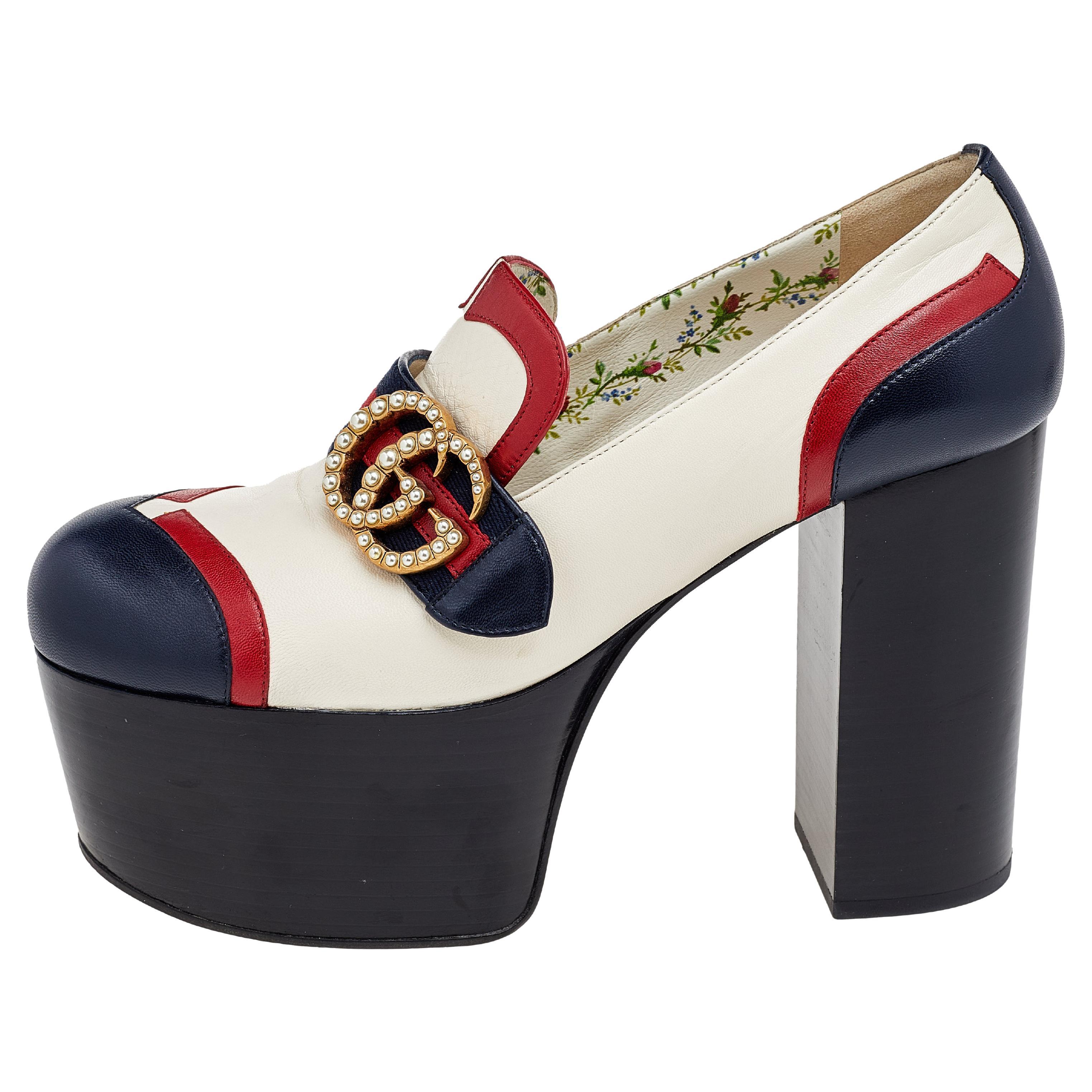 Gucci Multicolor Leather GG Marmont Embellished Block Heel Pumps Size 38