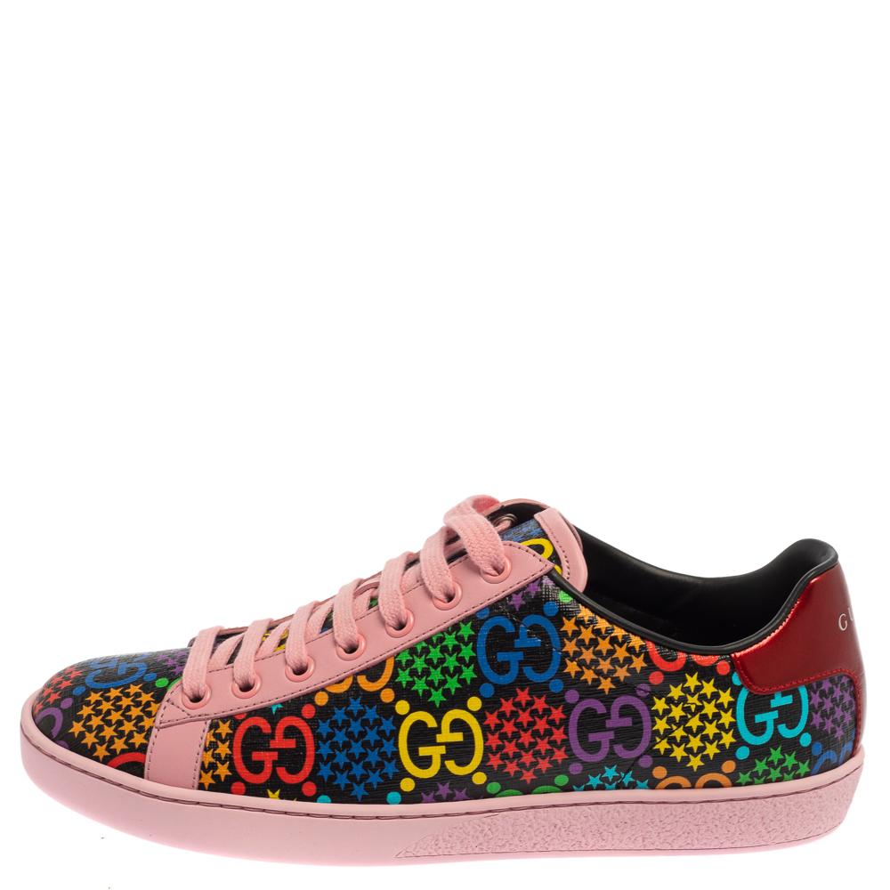 Add a pop of color to your outfit when you wear these Gucci sneakers. Crafted from leather in multiple hues, they feature the GG Psychedelic print all over. With round toes, laced-up vamps, and logo-detailed counters these sneakers are ready to be