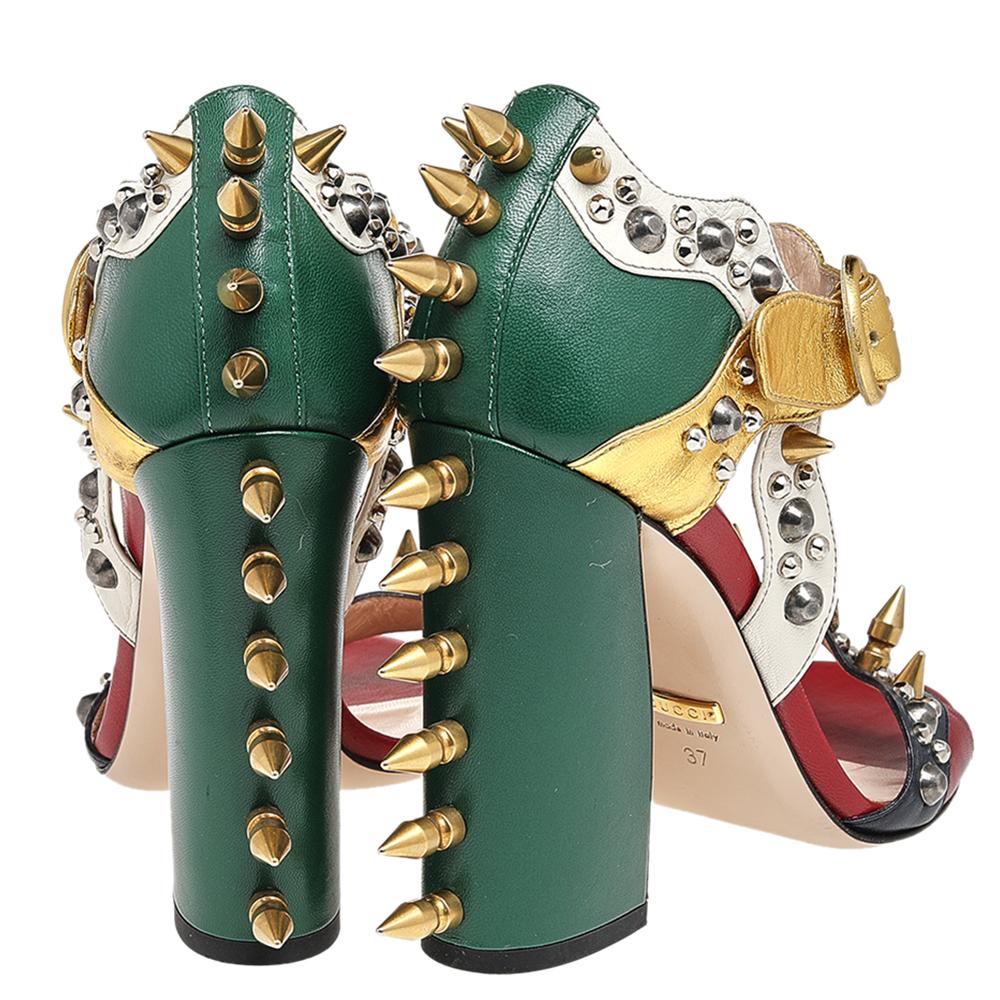 Gucci Multicolor Leather Studded Block Heel Ankle Strap Sandals Size 37 In Good Condition In Dubai, Al Qouz 2