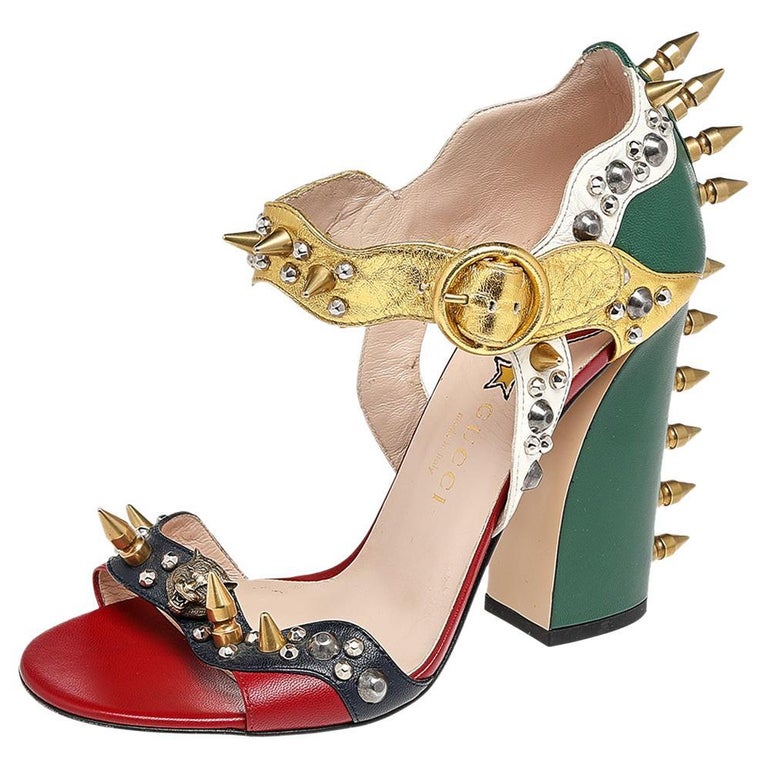 Gucci Multicolor Leather Studded Block Heel Ankle Strap Sandals Size 37 For Sale 1stDibs | gucci multi sandals, gucci studded heels