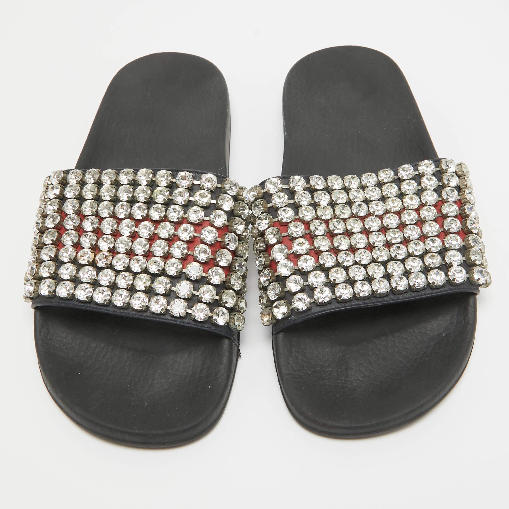 Black Gucci Multicolor Leather Sylvie Web Accent Flat Slides Size 39 For Sale