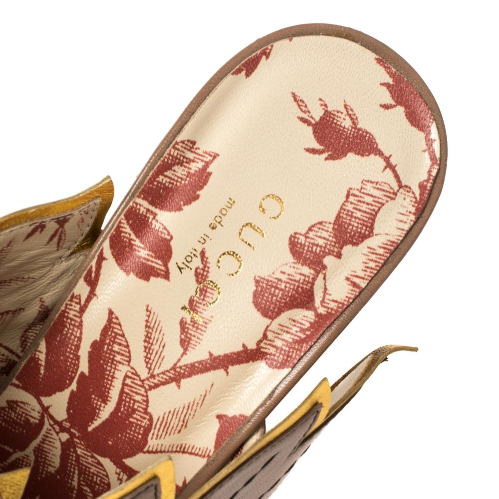 Brown Gucci Multicolor Leather Webby Leaf Slide Sandals Size 39