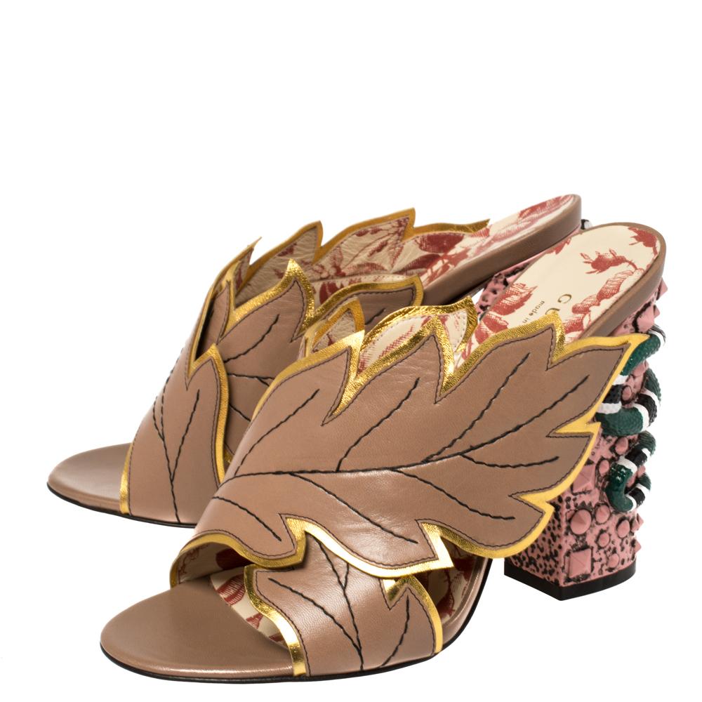 Gucci Multicolor Leather Webby Leaf Slide Sandals Size 39 In Good Condition In Dubai, Al Qouz 2
