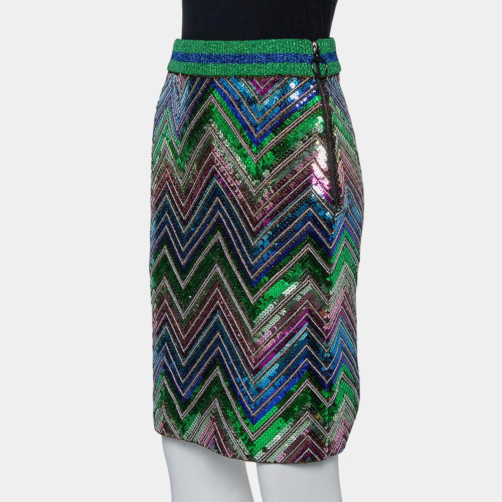 Gucci Multicolor Lurex Knit Chevron Pattern Sequin Embellished Skirt L In Excellent Condition For Sale In Dubai, Al Qouz 2